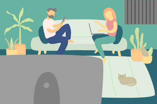 Illustrations flat design of cartoon man and woman character catching up on news with their tablets and laptop computers at home.