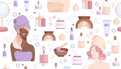 Seamless pattern of young lady with elements of skin care. Cosmetic subject self-care at home, enjoying being inside. Relax procedure flat style on white isolated background. Vector stock illustration