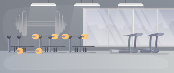 Modern sport club gym. Cartoon vector interior with treadmill, barbell and dumbbell on a stand. Modern fitness equipment. Active and healthy lifestyle.