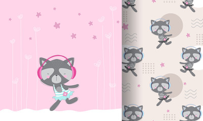Flat cute animal cartoon baby raccoon with a seamless pattern for kids
