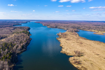 View from the drone of the Uvodsky reservoir on a spring day, Russia.