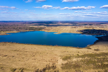 View from the drone of the Uvodsky reservoir on a spring day, Russia.