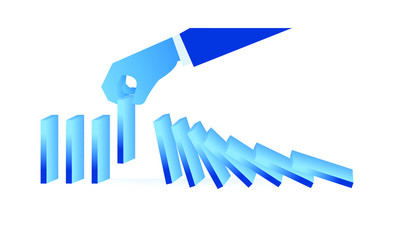 Hand takes one of domino boards to stop domino effect mean fast way to stop damage concept flat illustration Business about smart work flat illustration design