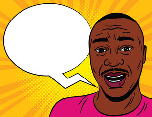 Color vector illustration in comic pop art style. Male surprised face with a speech bubble in the background. African American man in shock. Emotional male face close-up