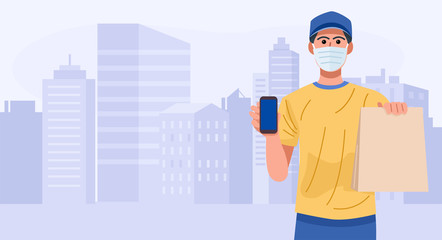 Delivery man wearing face mask holding smart phone and bag with food, vector