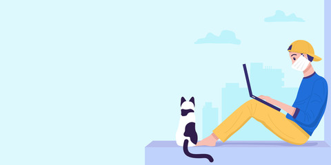 Work from home concept, A young man wearing face mask and sitting by the window and working on laptop. Vector