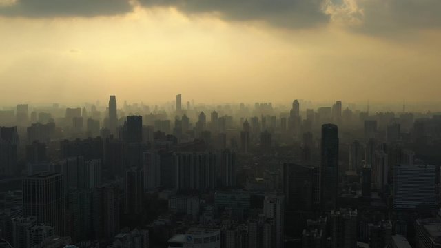 sunset time smog guangzhou central cityscape aerial panorama 4k china