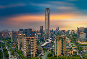 Obraz premium Aerial photography of CBD of Jinji Lake and East Lake in Suzhou City, Jiangsu Province, China