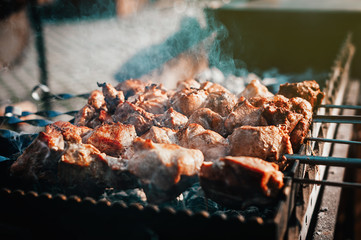 Shish kebab is prepared on the grill. Outdoor recreation. Beef meat