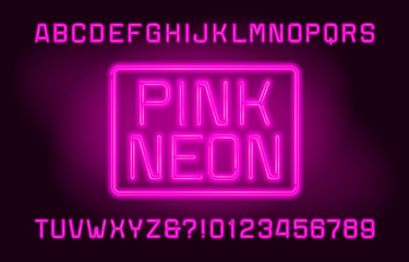 Pink Neon alphabet font. Vivid neon color letters and numbers. Stock vector typeface for your design.