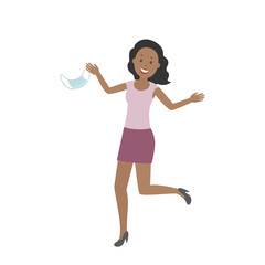 African woman rejoice at quarantine cancellation and throw medical mask. Vector illustration.