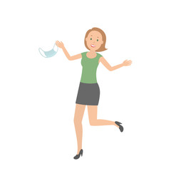 Caucasian girl rejoice at quarantine ending and throw medical mask. Vector illustration.