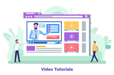 Distance education vector, online courses with guide and material to study. Students and tutor with data, video with teacher explaining subject for people