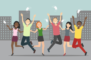 Fototapeta premium Multiethnic group of young people rejoice at quarantine cancellation. Vector illustration.
