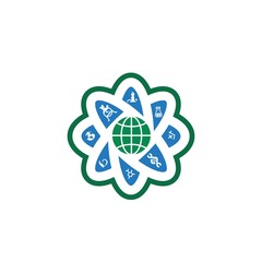 science and medical research in atomic logo and vector icon