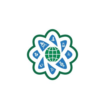 science and medical research in atomic logo and vector icon