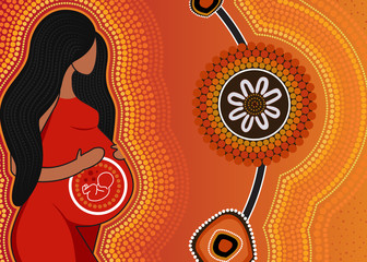 Aboriginal dot art vector painting with pregnant women, Mother and child love concept