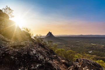 Sunset view from mount Ngungun Summit, Glass House Mountains National Park, Queensland, Australia.