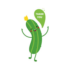 Cute vector cartoon style cucumber character with speech bubble, saying thank you, showing appreciation.