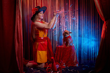 Beautiful girl model training a small dog on the theater stage. Photo shoot in the circus style