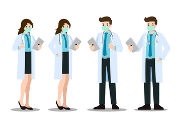 A set of man and woman poses doctor who wear mask & lab coat, holding a clipboard and talk or presenting about corona virus or disease. Vector illustration design.