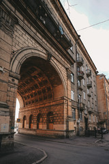Fototapeta na wymiar Historical architectural monuments of Saint Petersburg, buildings with sculptures, arches