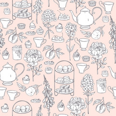 English tea . Teapot, cups, cakes and garden flowers. Vector seamless pattern