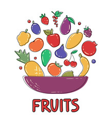 Fresh fruits and berries flying into a big pot. Cooking concept for kitchen, restaurant, cafe. Decorative vector background in flat style for advertisement, promotion. Healthy lifestyle. Juicy fruits