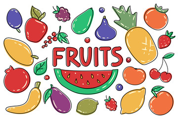 Big set of colorful fresh organic summer fruits and berries. Decorative vector illustration  for advertisement, promotion. Healthy food. Juicy fruits  collection. Fresh food design isolated elements