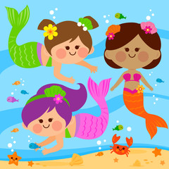 Mermaids swimming underwater. Vector illustration
