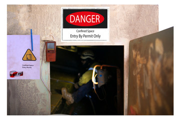 Danger confined space entry by permit only gas tester atmosphere pen and red danger tape placing on permit book hanging on entry exit manhole door defocused worker is working inside white background  