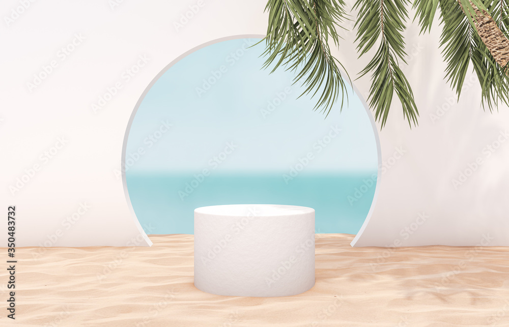 Aufkleber Natural summer beach backdrop with white cylinder box and palm tree for product display. Abstract 3d summer scene. sea view.