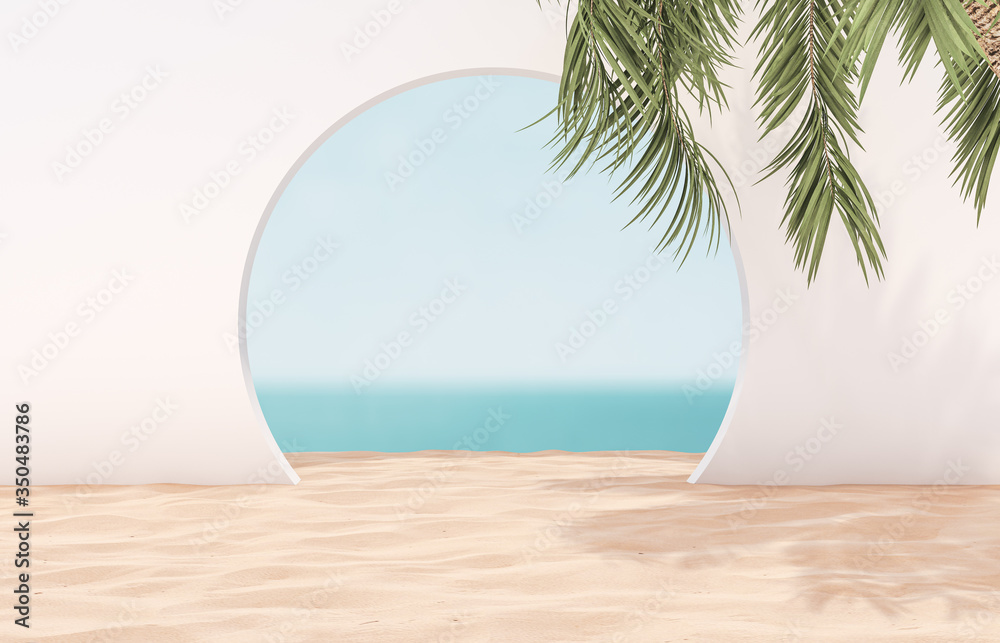 Leinwandbilder natural summer beach backdrop with palm tree for product display. abstract 3d summer scene. sea view