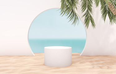 Natural summer beach backdrop with white cylinder box and palm tree for product display. Abstract 3d summer scene. sea view.