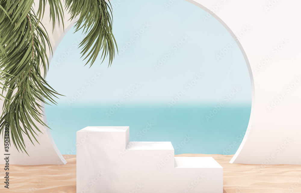Poster natural summer beach backdrop with white stair and palm tree for product display. abstract 3d summer