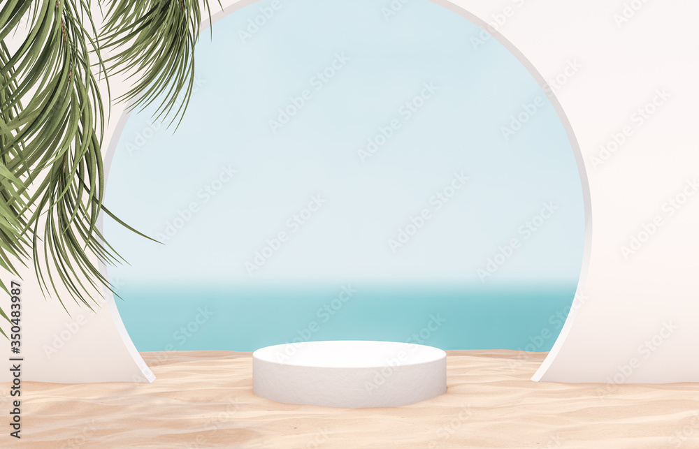 Fototapete natural summer beach backdrop with white cylinder box and palm tree for product display. abstract 3d