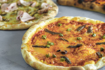 baked pizza with anchovies, tomato sauce, fried bacon, topped with melted cheese, on a wooden table, on a background of baking