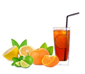 tea cocktail with lemon and ice on a white background