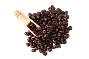 Top view of Coffee beans with wooden scoop isolated on white background.