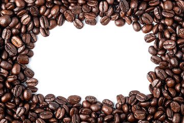 Coffee beans isolated on white background with copy space for text. Top view