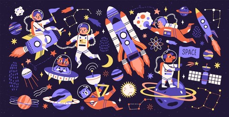 Cartoon colorful characters astronaut, asteroid, comet and space object set vector flat illustration. Collection of people and animals cosmonaut on rocket, ufo, planets and stars isolated on black