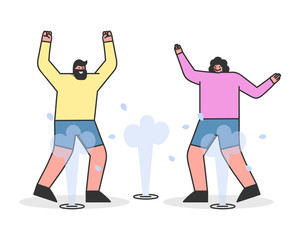 Concept Of Summer Hot Period. Happy People Man And Woman Having Fun, Drenching With Water, Swimming in Fountain To Cool Off In Hot Summer Day. Cartoon Linear Outline Flat Style. Vector Illustration