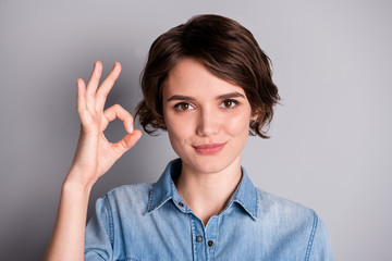 Closeup photo of attractive lady wavy hairdo hold fingers hand okey symbol expressing agreement confident smile wear casual denim shirt isolated grey color background