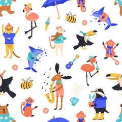 Cartoon funny creatures seamless pattern vector flat illustration. Happy wild childish animals, fish and birds on white background. Creative joyful wildlife characters decorative style