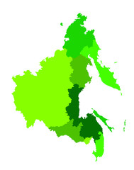 Obraz premium Map of Far Eastern Federal District Russia vector silhouette illustration isolated. Regions: Sakha, Chukotka, Magadan, Kamchatka, Amur, Khabarovsk, Jewish autonomus region, Primorsky, Sakhalin.