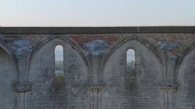 Amazing aerial 4k vedeo about the Premontre Monastery. This is a church ruin in Zsambek city Hungary. Built in 1220-1234.  Roman and gotchic style. Destroyed an big earthquake in 1763. 