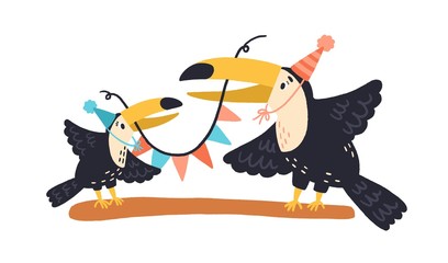Funny festive toucan family holding colorful decoration vector flat illustration. Happy birds in holiday hat standing on branch isolated on white background. Colored wild winged creatures