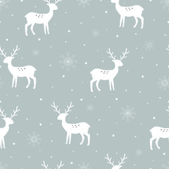Seamless pattern with deer silhouettes and snowflake on a gray background Design, used for publication, poster, clothing, textile, vector illustration