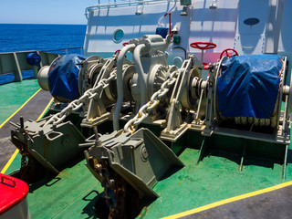 Fototapeta na wymiar Ships windlass, Ships anchoring gear. Anchor chain, anchor stopper.