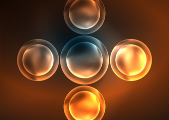 Glowing neon shiny transparent bubbles, glass circles or bio cell concept. Techno futuristic vector abstract background For Wallpaper, Banner, Background, Card, Book Illustration, landing page